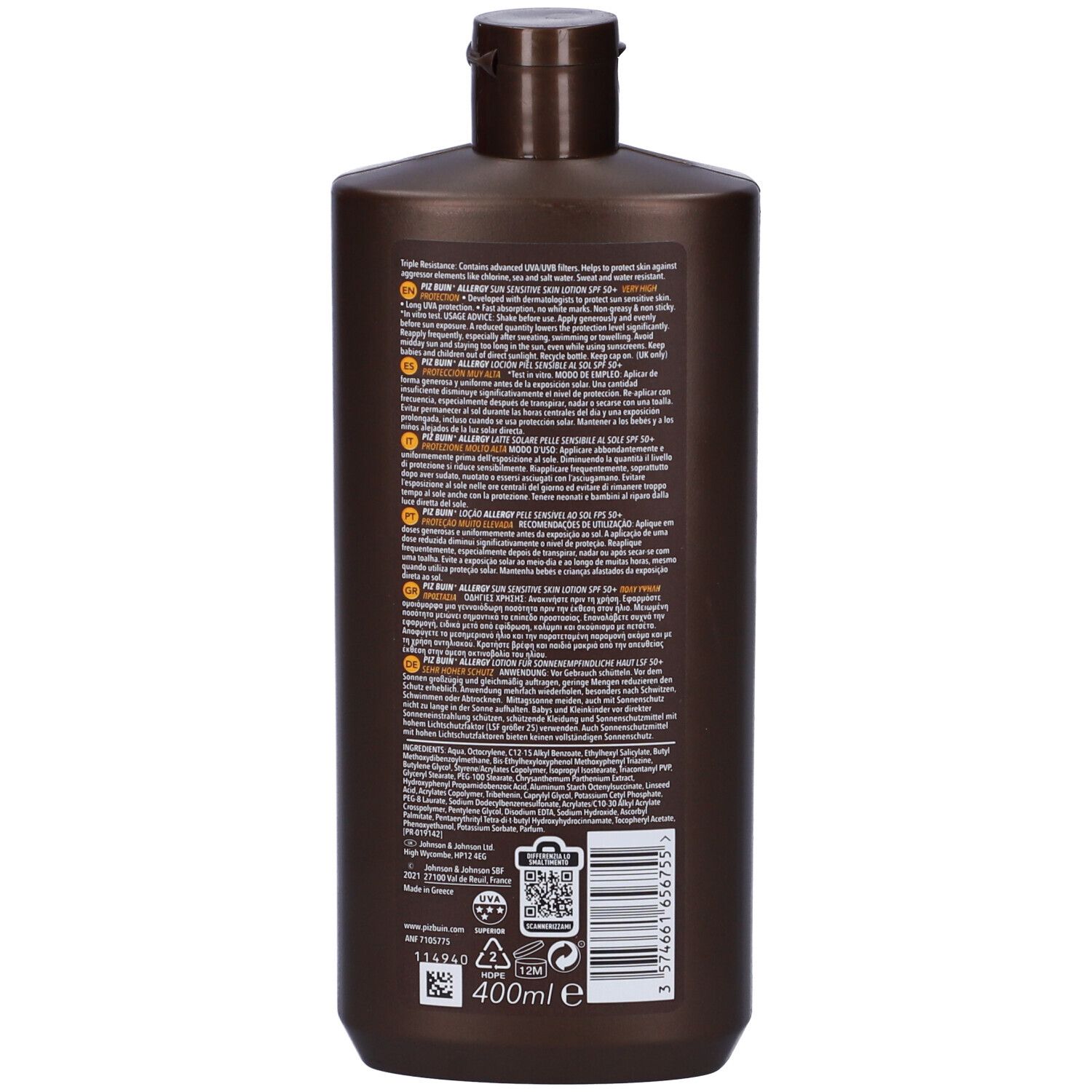 Retro del flacone Piz Buin Allergy Latte Solare SPF50+. Testo multilingue. 400ml.