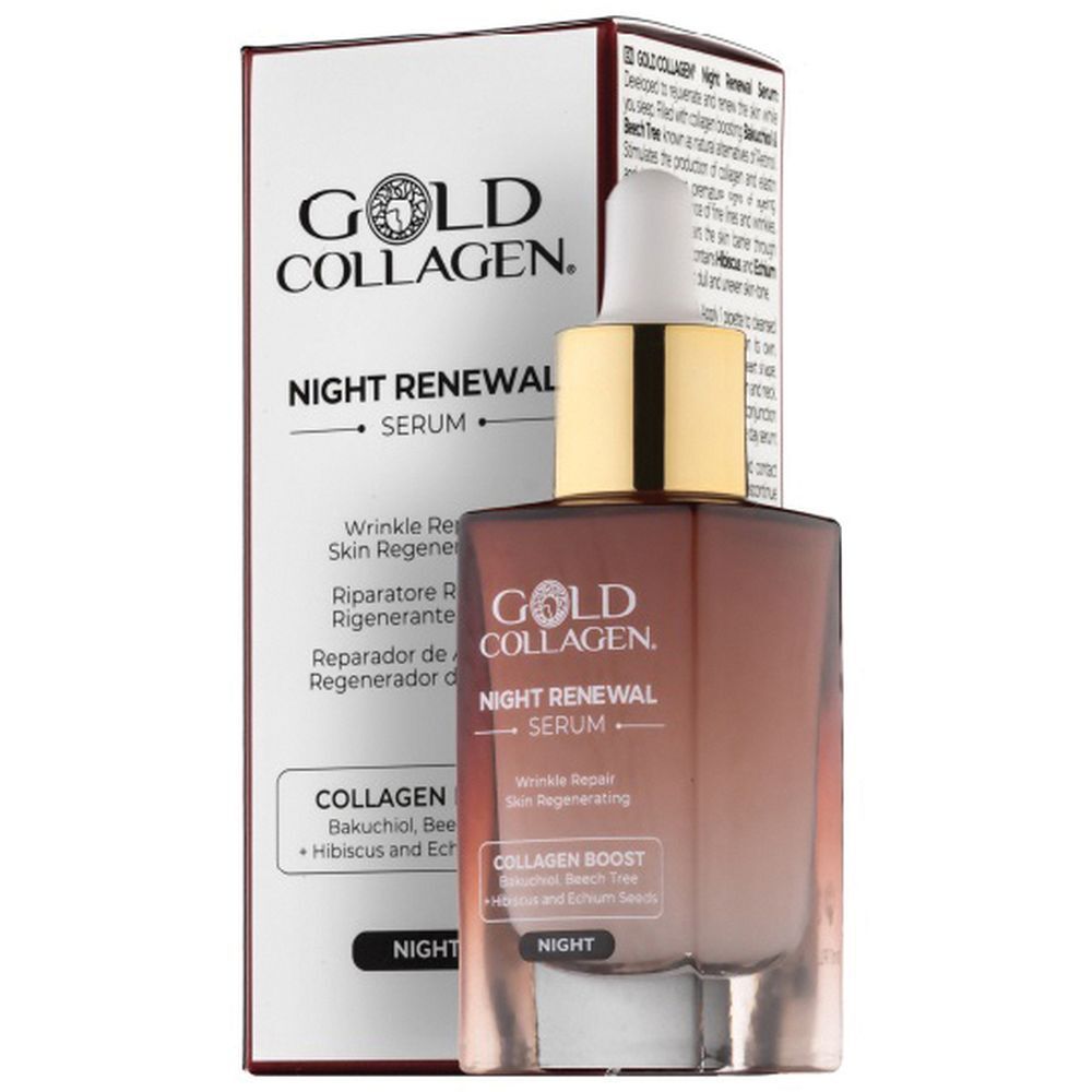 Gold Collagen Night Renewal Serum. Fles met pipet en verpakking. Opschrift: Collagen Boost, Bakuchiol, etc.