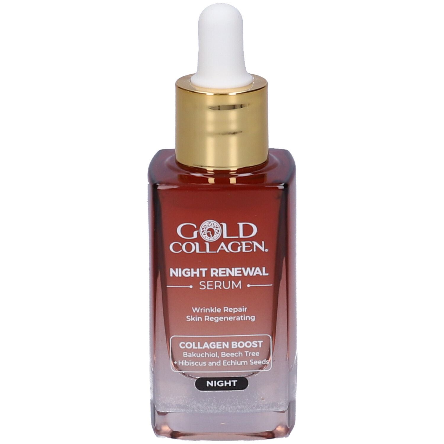 Gold Collagen Night Renewal Serum. Fles met pipet. Opschrift: Collagen Boost, Bakuchiol, etc.