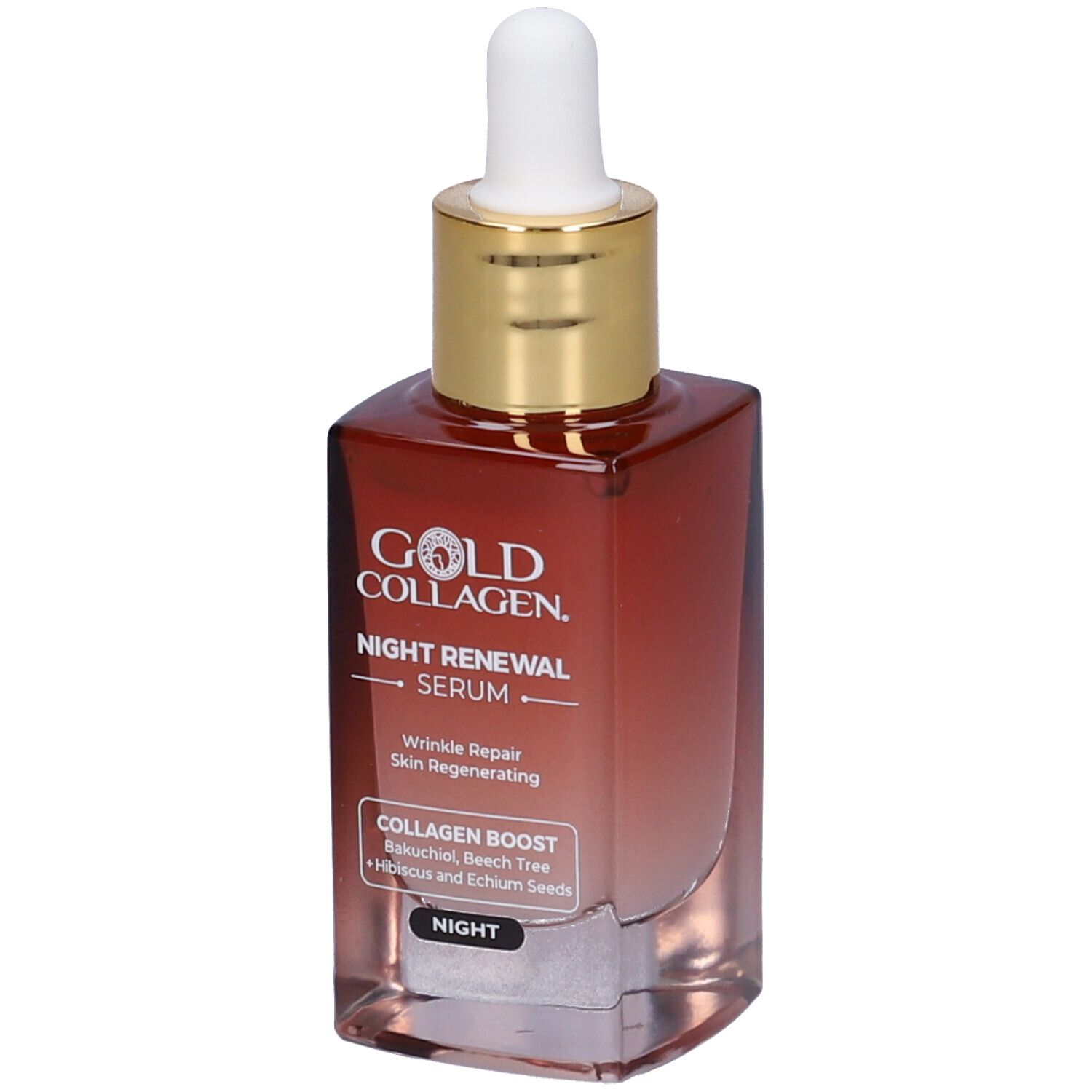 Gold Collagen Night Renewal Serum. Fles met pipet. Opschrift: Collagen Boost, Bakuchiol, etc.