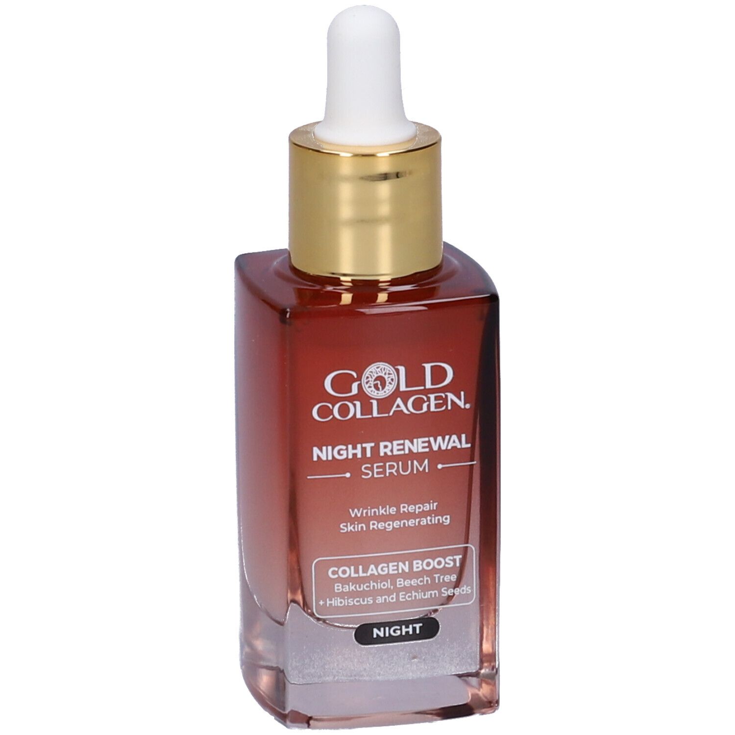 Gold Collagen Night Renewal Serum. Fles met pipet. Opschrift: Collagen Boost, Bakuchiol, etc.