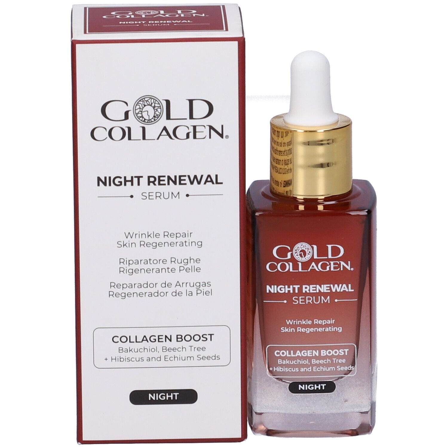 Gold Collagen Night Renewal Serum. Fles met pipet en verpakking.