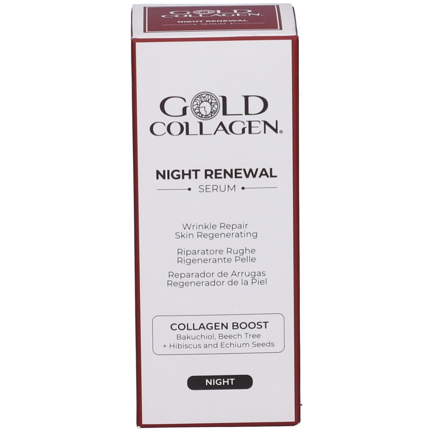 Gold Collagen Night Renewal Serum. Verpakking.