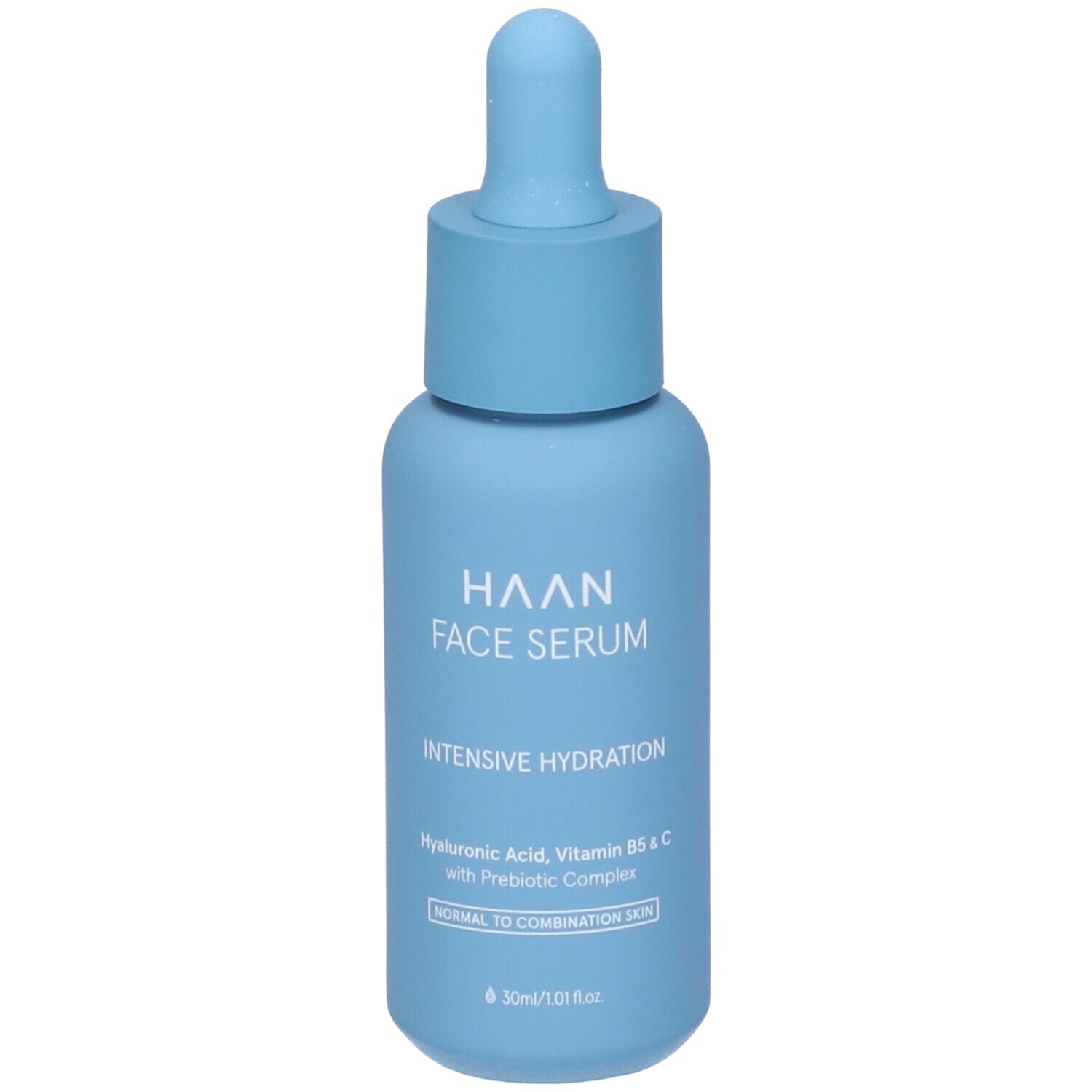 Flacone azzurro con contagocce. Scritta: HAAN FACE SERUM, Idratazione Intensiva. Per pelli da normali a miste.