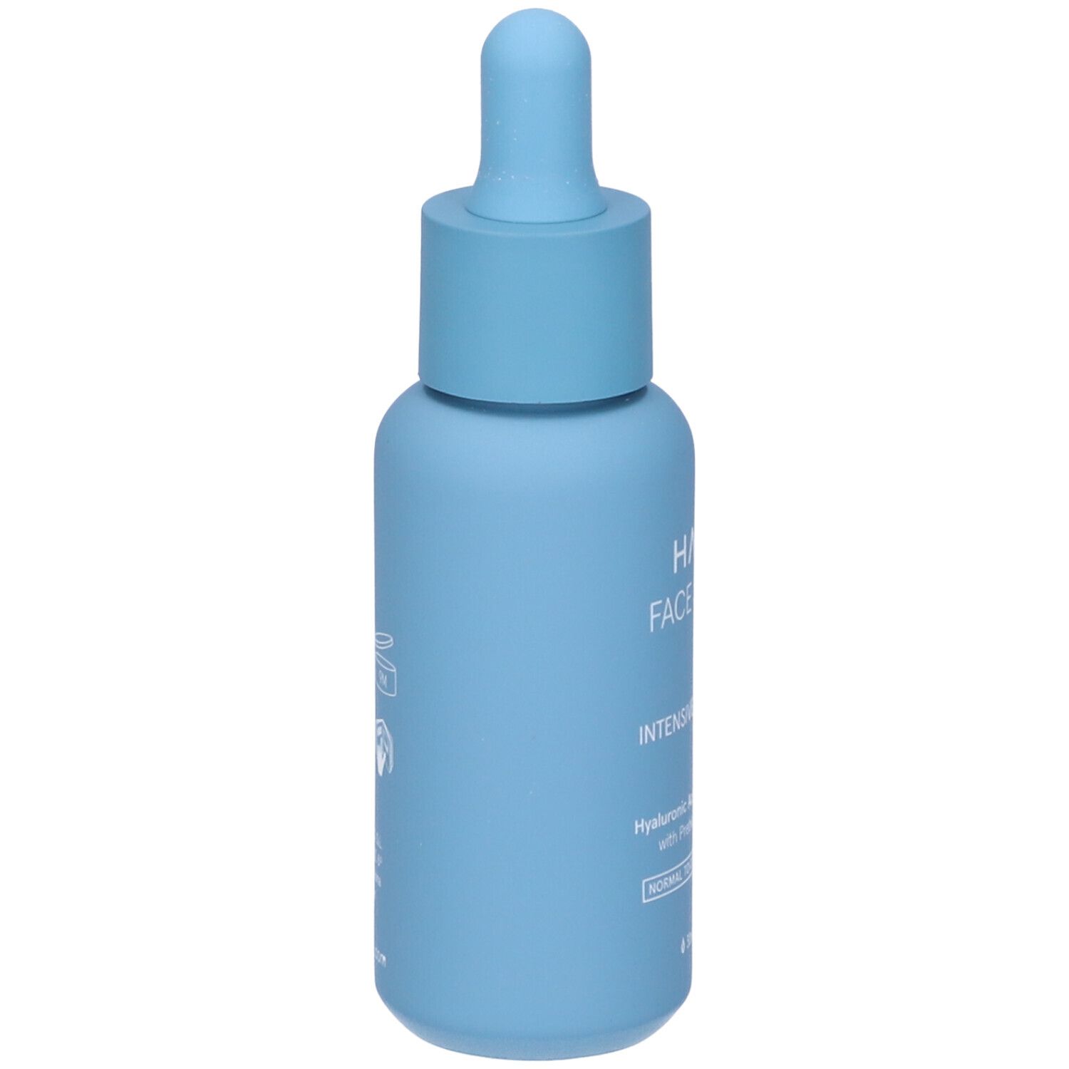 Flacone azzurro con contagocce. Scritta: HAAN FACE SERUM, Idratazione Intensiva. Per pelli da normali a miste.