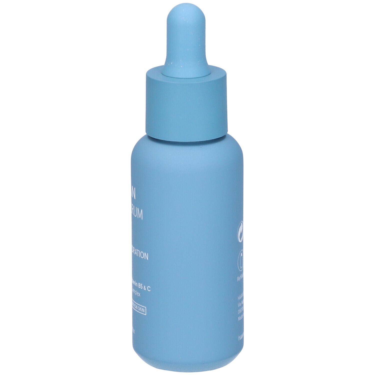 Flacone azzurro con contagocce. Scritta: HAAN FACE SERUM, Idratazione Intensiva. Per pelli da normali a miste.