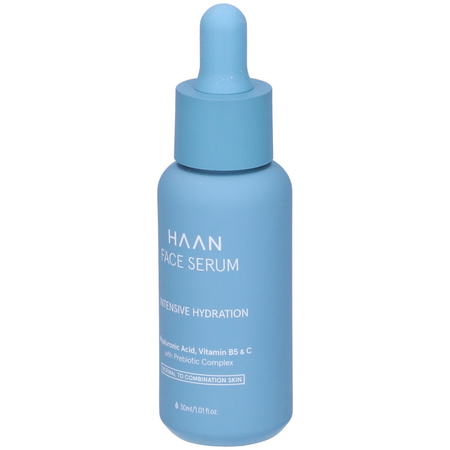 Flacone azzurro con contagocce. Scritta: HAAN FACE SERUM, Idratazione Intensiva. Per pelli da normali a miste.