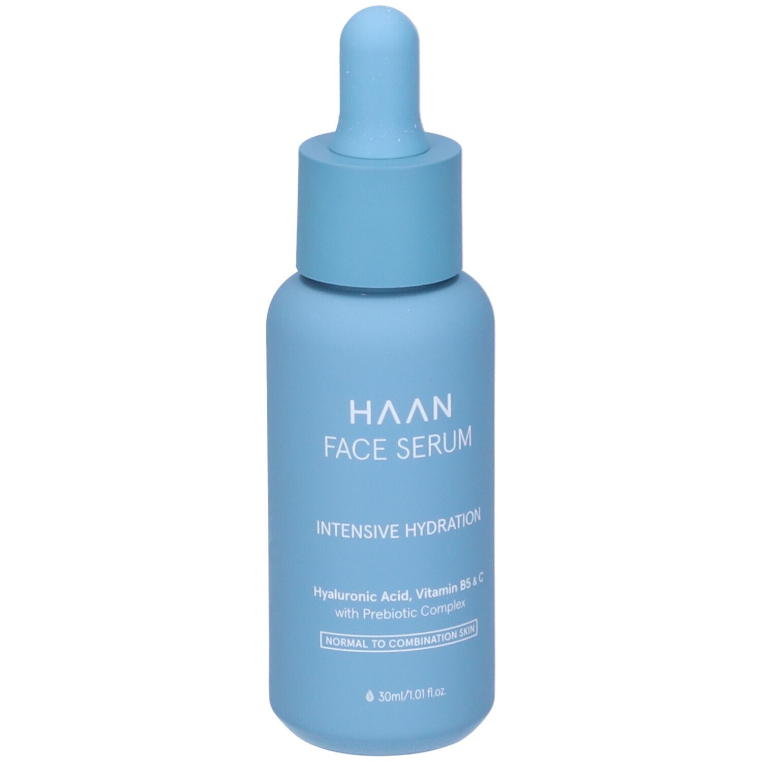 Flacone azzurro con contagocce. Scritta: HAAN FACE SERUM, Idratazione Intensiva. Per pelli da normali a miste.