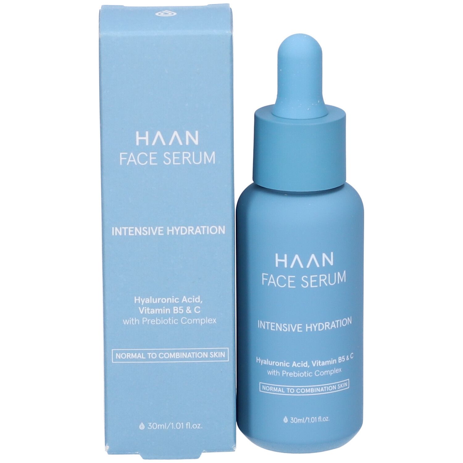 Flacone azzurro con contagocce e scatola. Scritta: HAAN FACE SERUM, Idratazione Intensiva. Per pelli da normali a miste.