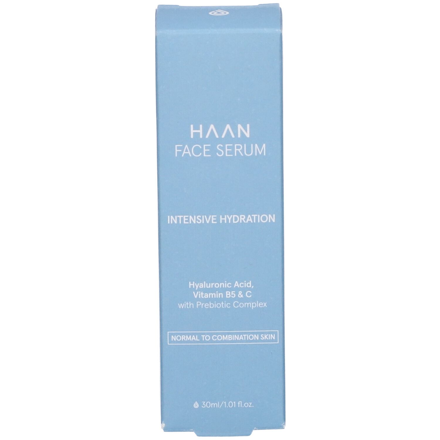 Scatola azzurra. Scritta: HAAN FACE SERUM, Idratazione Intensiva. Per pelli da normali a miste. Informazioni sul prodotto.