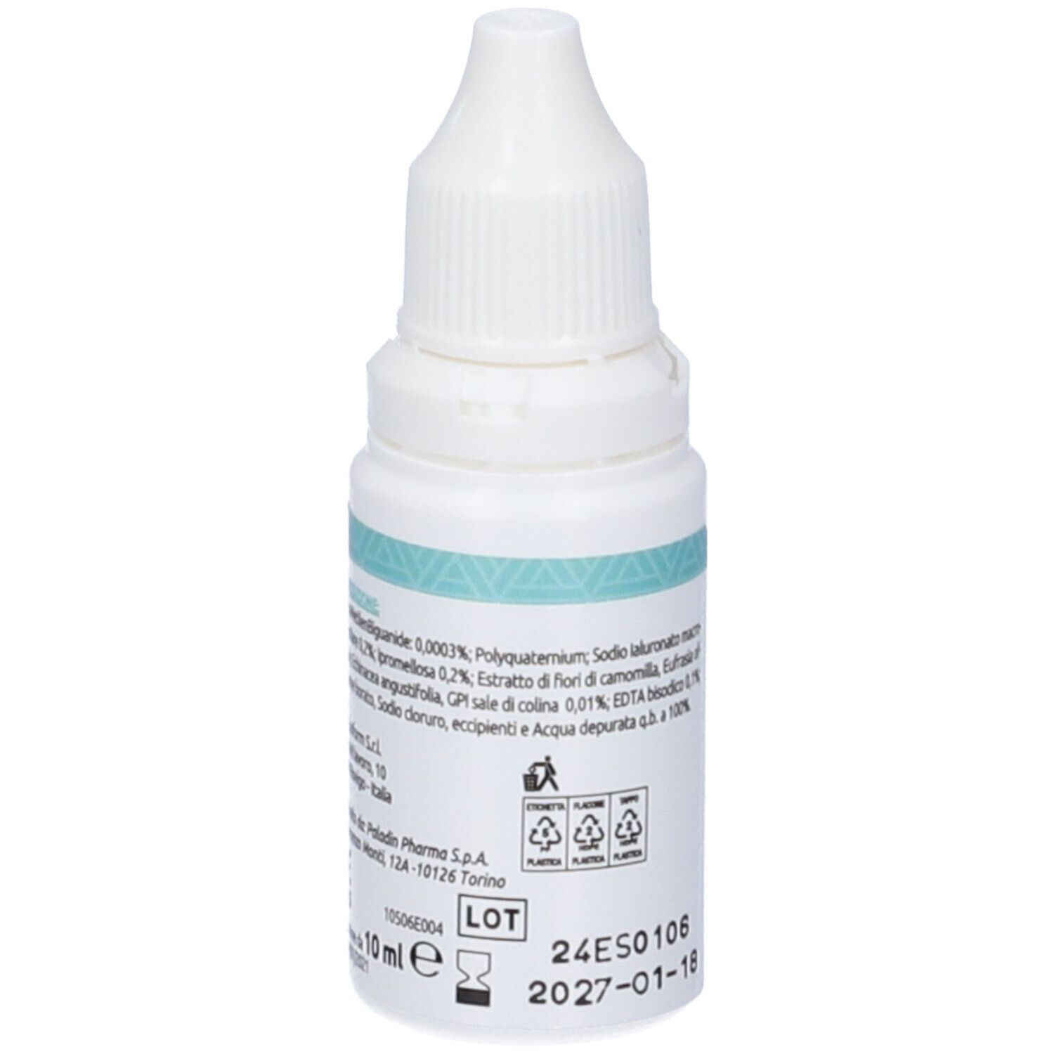 Weiße Flasche mit Augentropfen. Aufschrift: Gocce oculari antiarrossamento. Marke: Sanavita, Paladin Pharma. Medizinprodukt.