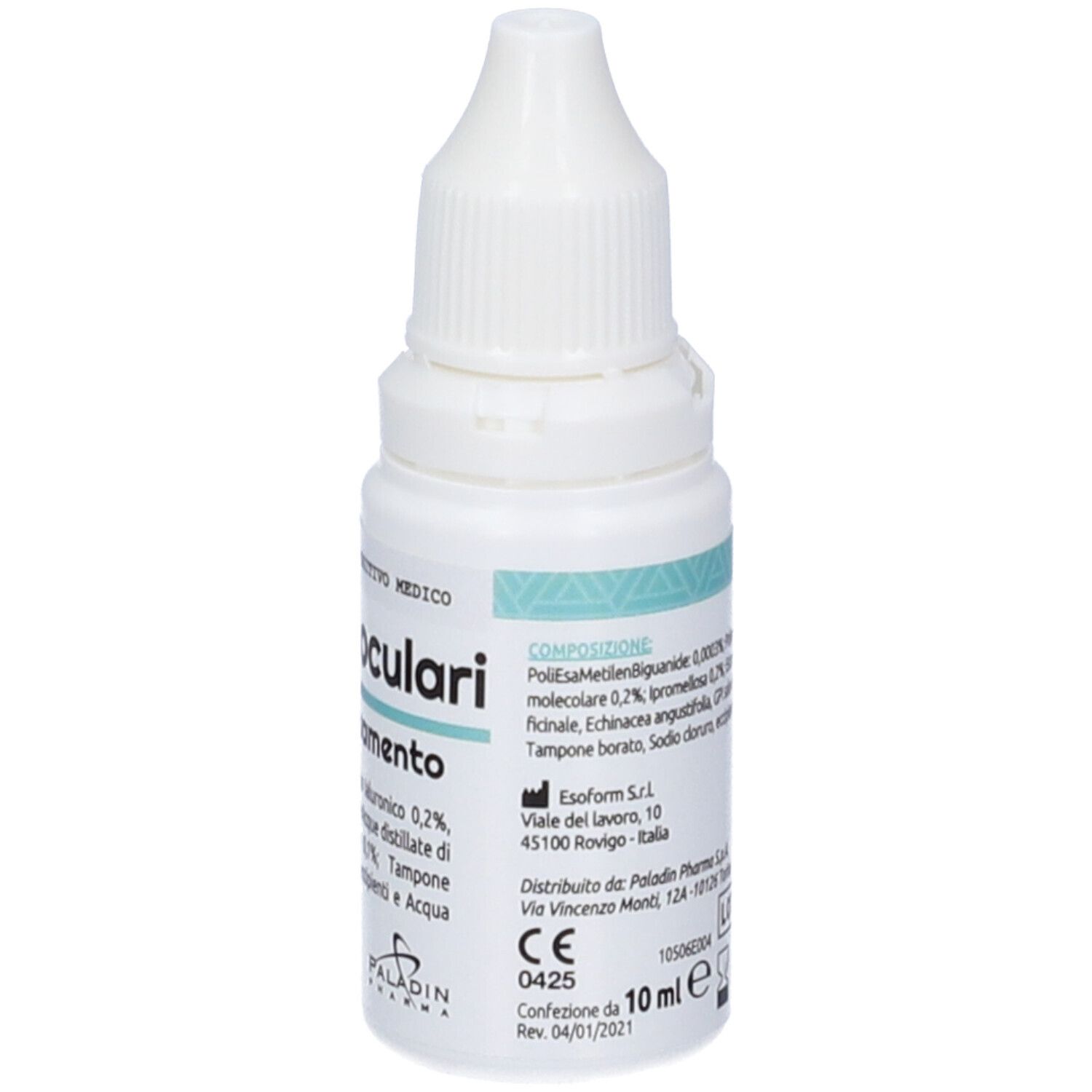 Weiße Flasche mit Augentropfen. Aufschrift: Gocce oculari antiarrossamento. Marke: Sanavita, Paladin Pharma. Medizinprodukt.