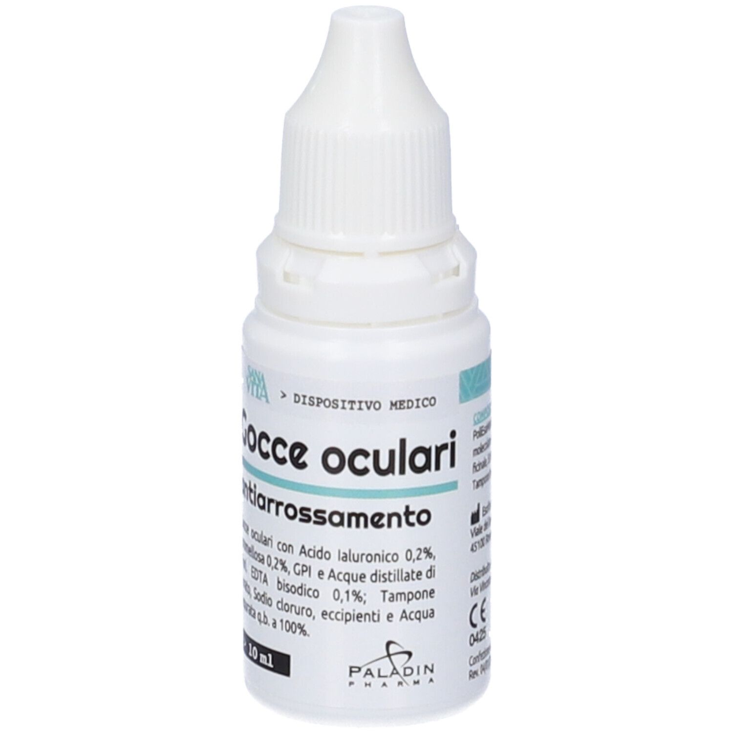 Weiße Flasche mit Augentropfen. Aufschrift: Gocce oculari antiarrossamento. Marke: Sanavita, Paladin Pharma. Medizinprodukt.