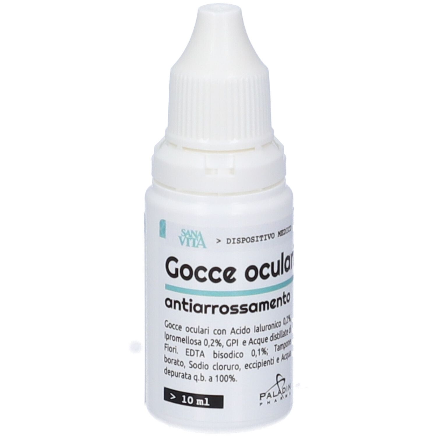 Weiße Flasche mit Augentropfen. Aufschrift: Gocce oculari antiarrossamento. Marke: Sanavita, Paladin Pharma. Medizinprodukt.