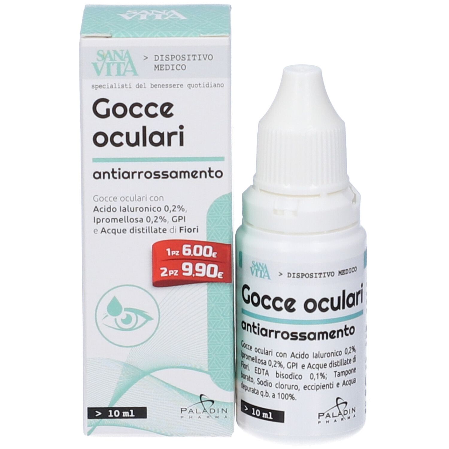 Augentropfen-Flasche und Schachtel. Aufschrift: Gocce oculari antiarrossamento. Marke: Sanavita, Paladin Pharma. Medizinprodukt.