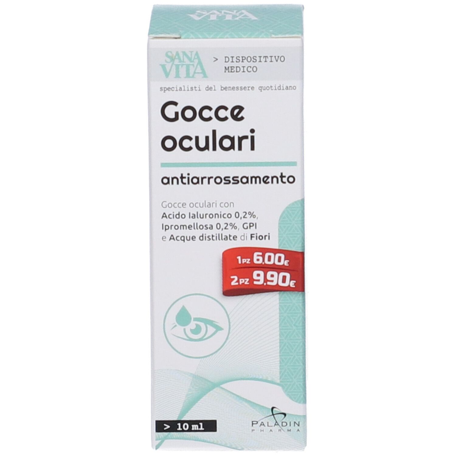 Schachtel mit Augentropfen. Aufschrift: Gocce oculari antiarrossamento. Marke: Sanavita, Paladin Pharma. Medizinprodukt.