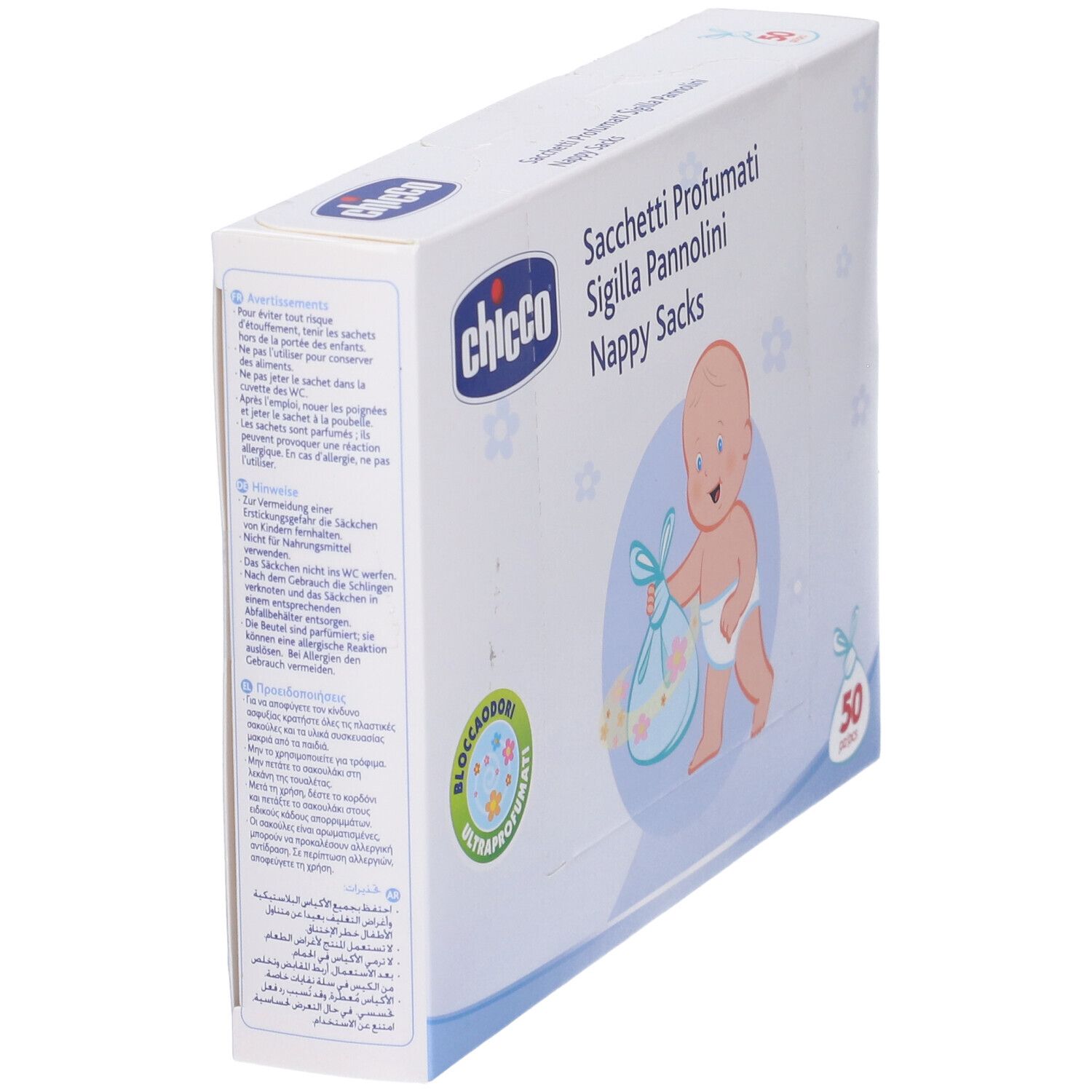 Packung mit 50 Chicco Nappy Sacks, duftend.