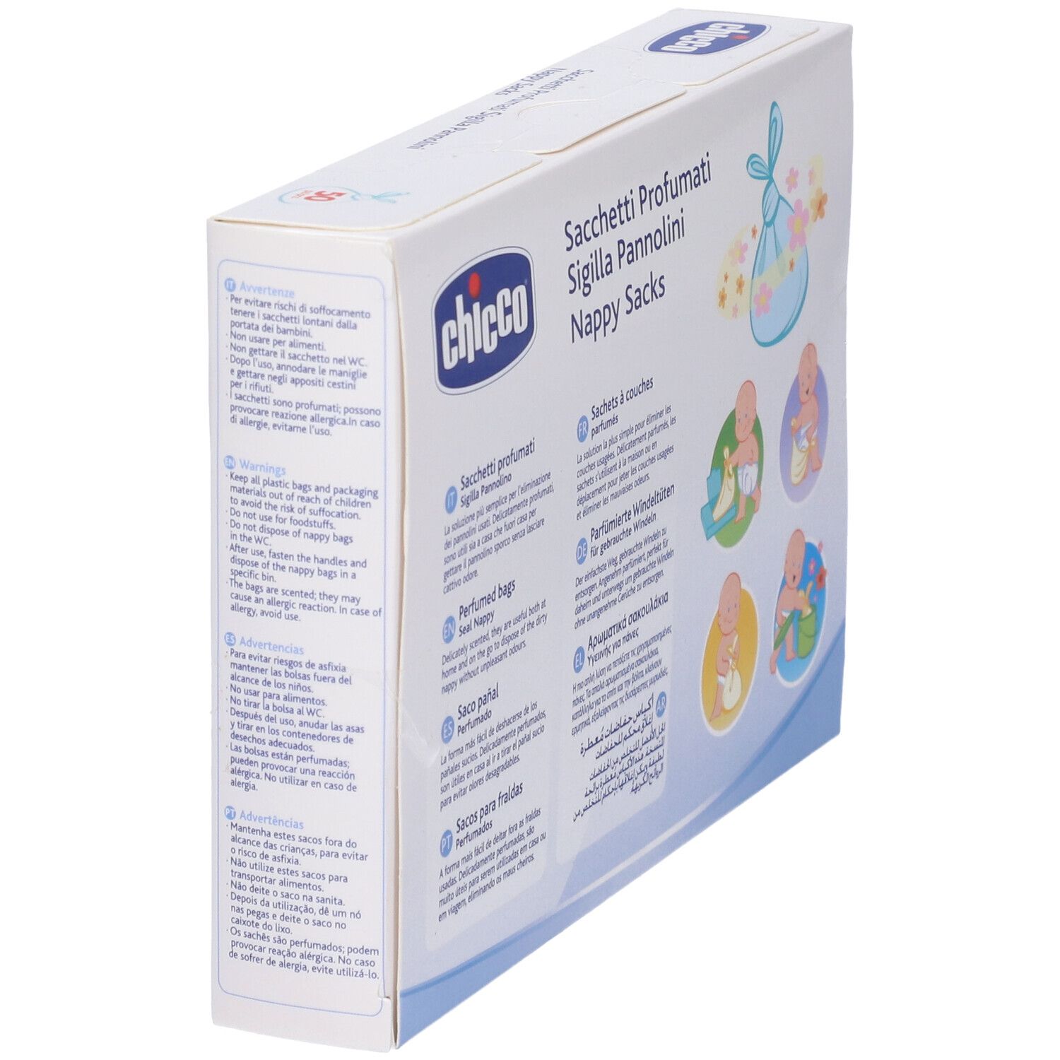 Chicco Nappy Sacks Verpackung mit mehrsprachigen Hinweisen und Illustrationen von Babys.
