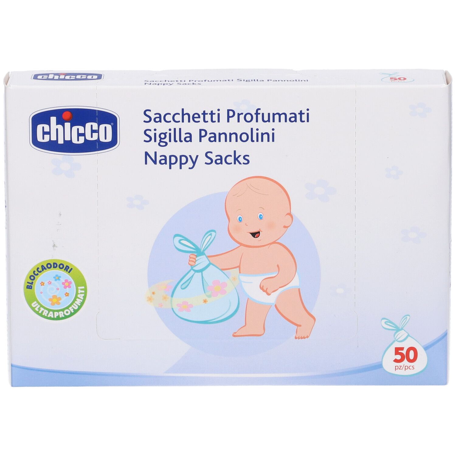 Chicco Nappy Sacks Verpackung mit 50 Stück. Zeigt ein Baby mit einem Beutel.