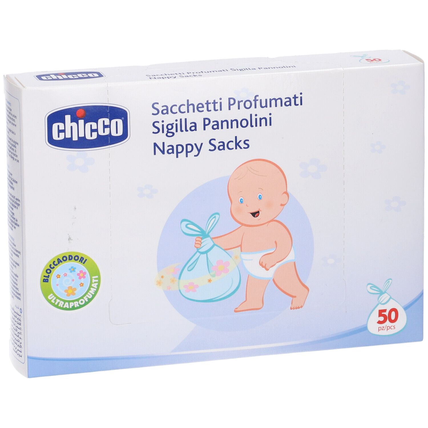 Chicco Nappy Sacks Verpackung mit Baby-Illustration, 50 Stück.