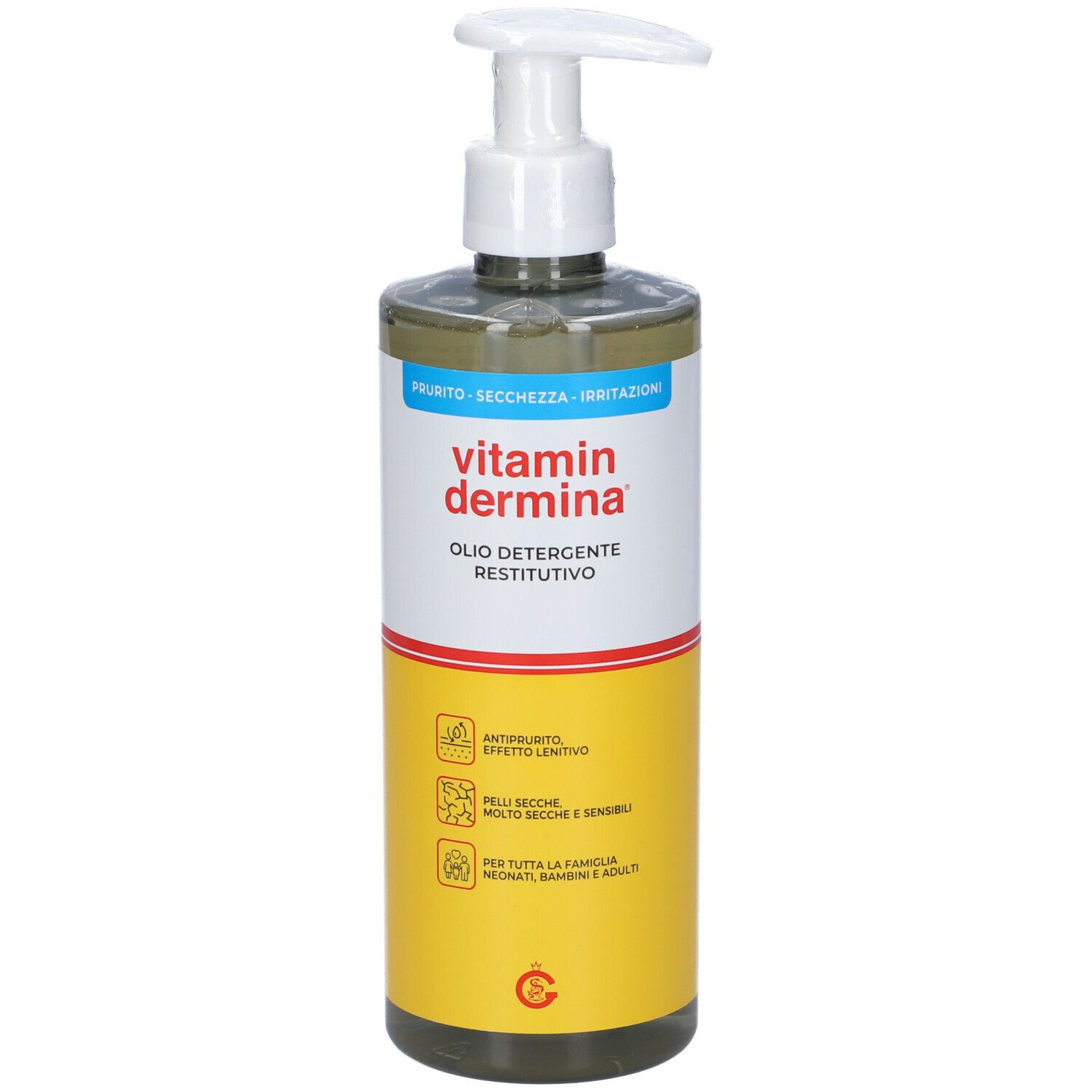 Flacone con dosatore bianco. Scritta: Vitamindermina Olio Detergente. Etichette gialle e bianche.