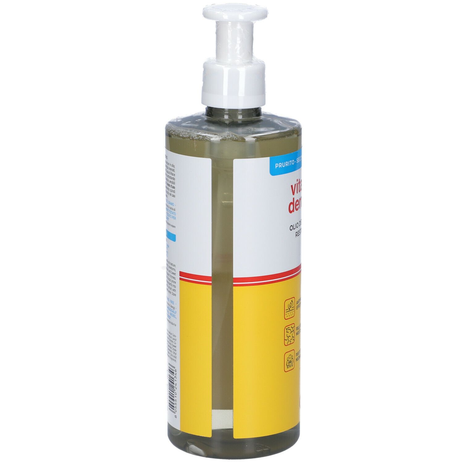 Flacone trasparente con dosatore bianco. Scritta: Vitamindermina. Etichetta gialla con testo.