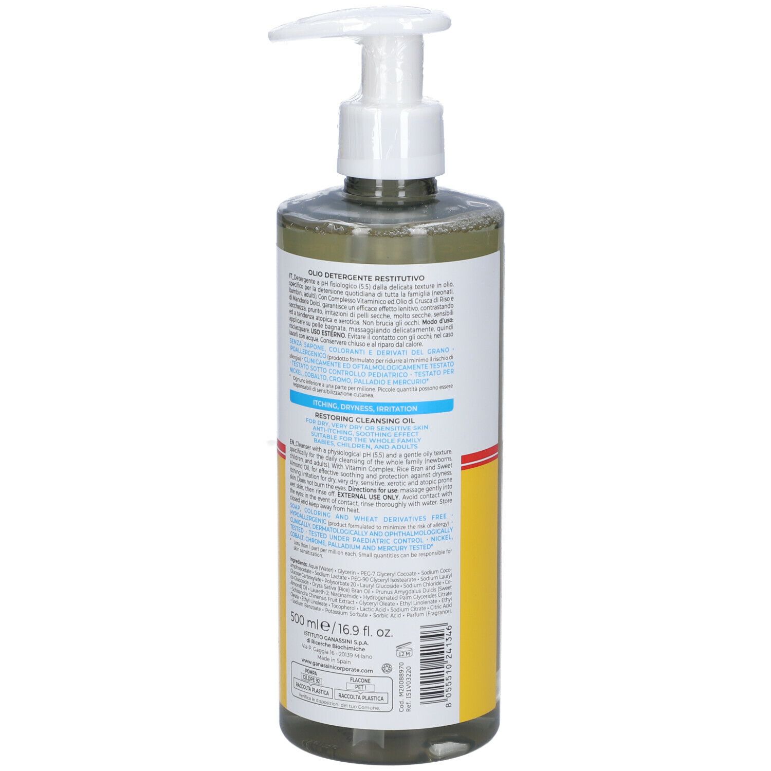 Flacone con dosatore bianco. Retro con testo e ingredienti. Scritta: Vitamindermina Olio Detergente.