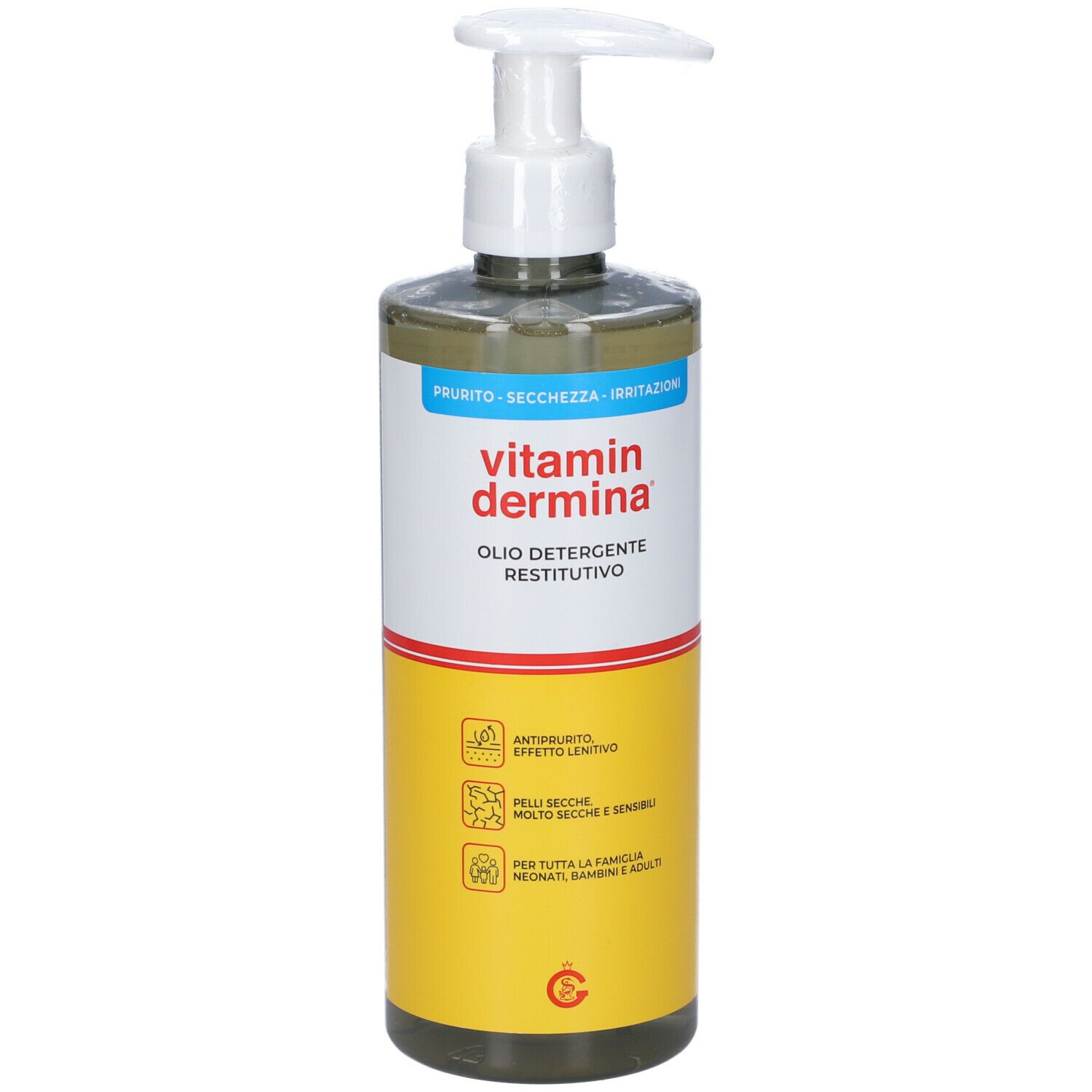 Flacone con dosatore bianco. Scritta: Vitamindermina Olio Detergente. Etichetta gialla con testo e loghi.