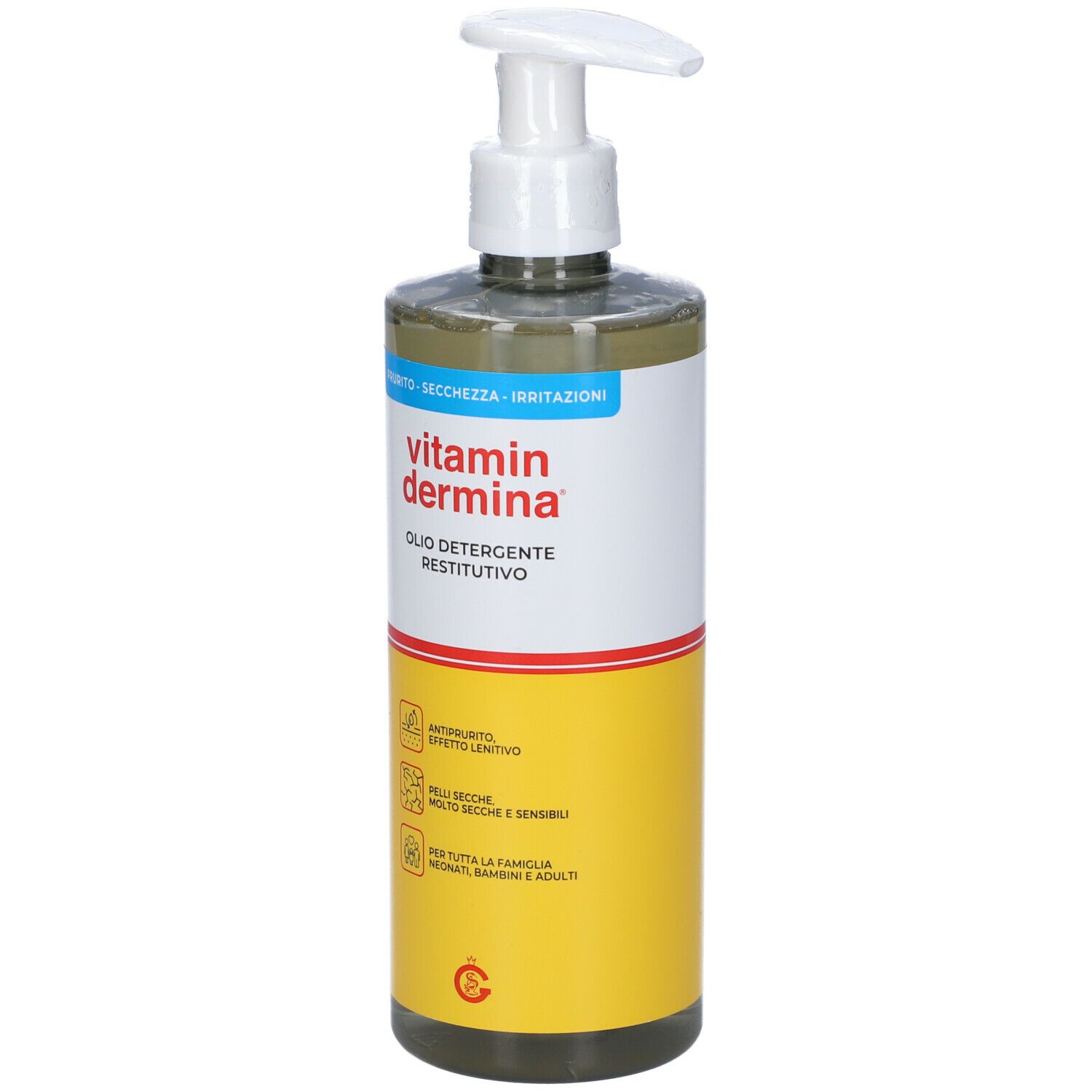 Flacone con dosatore bianco. Scritta: Vitamindermina Olio Detergente. Etichetta gialla con testo.