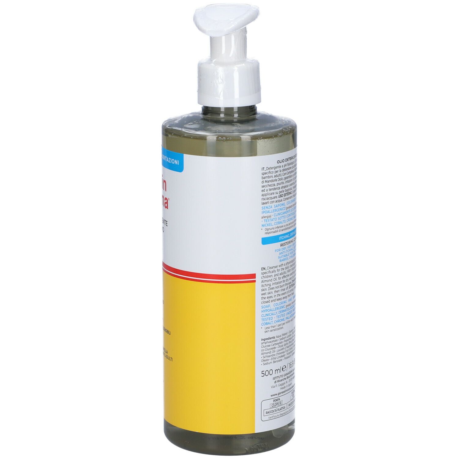 Flacone con dosatore bianco. Retro con testo e ingredienti. Scritta: Vitamindermina.
