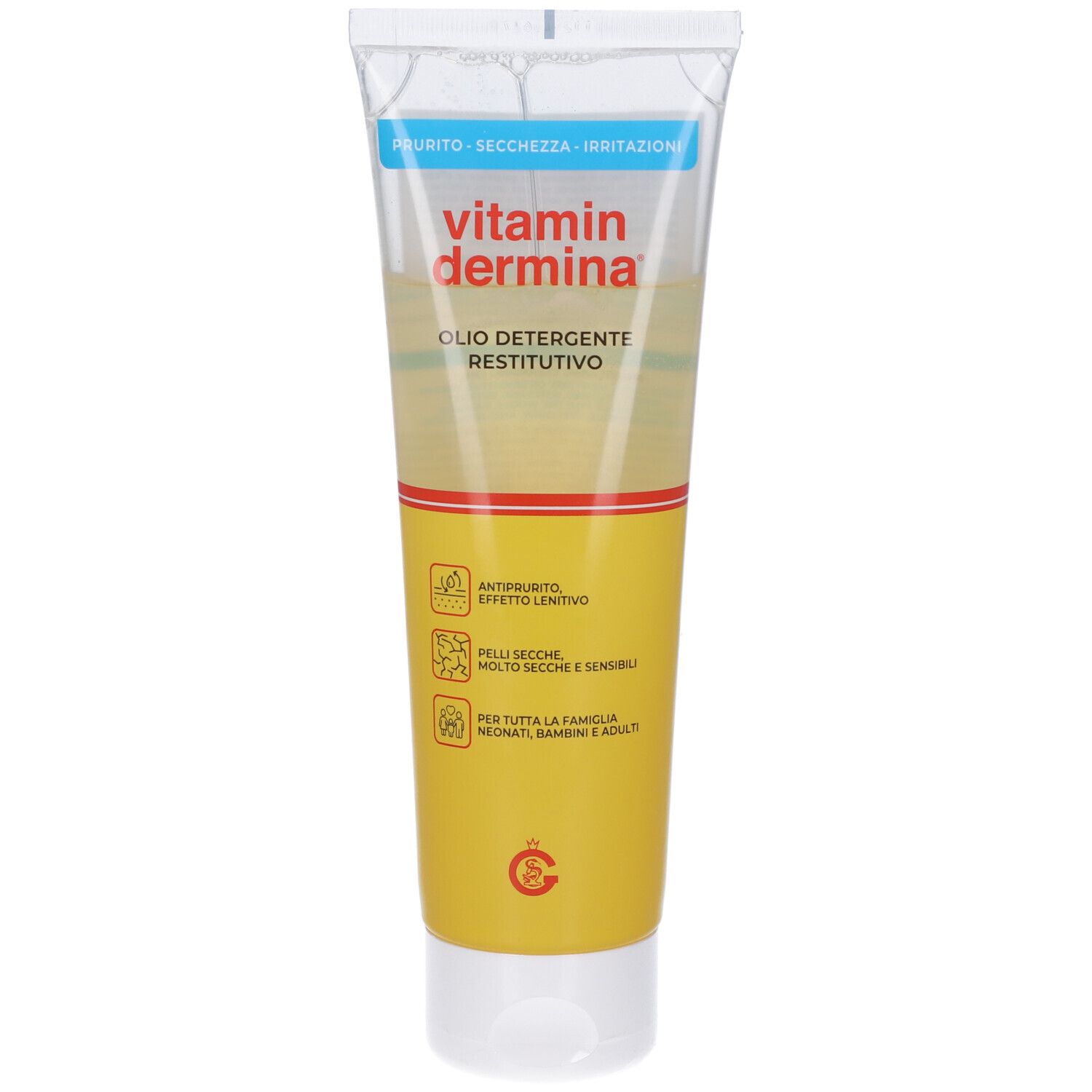 Tubo trasparente con contenuto giallo. Scritta: Vitamindermina Olio Detergente. Strisce blu e rosse.