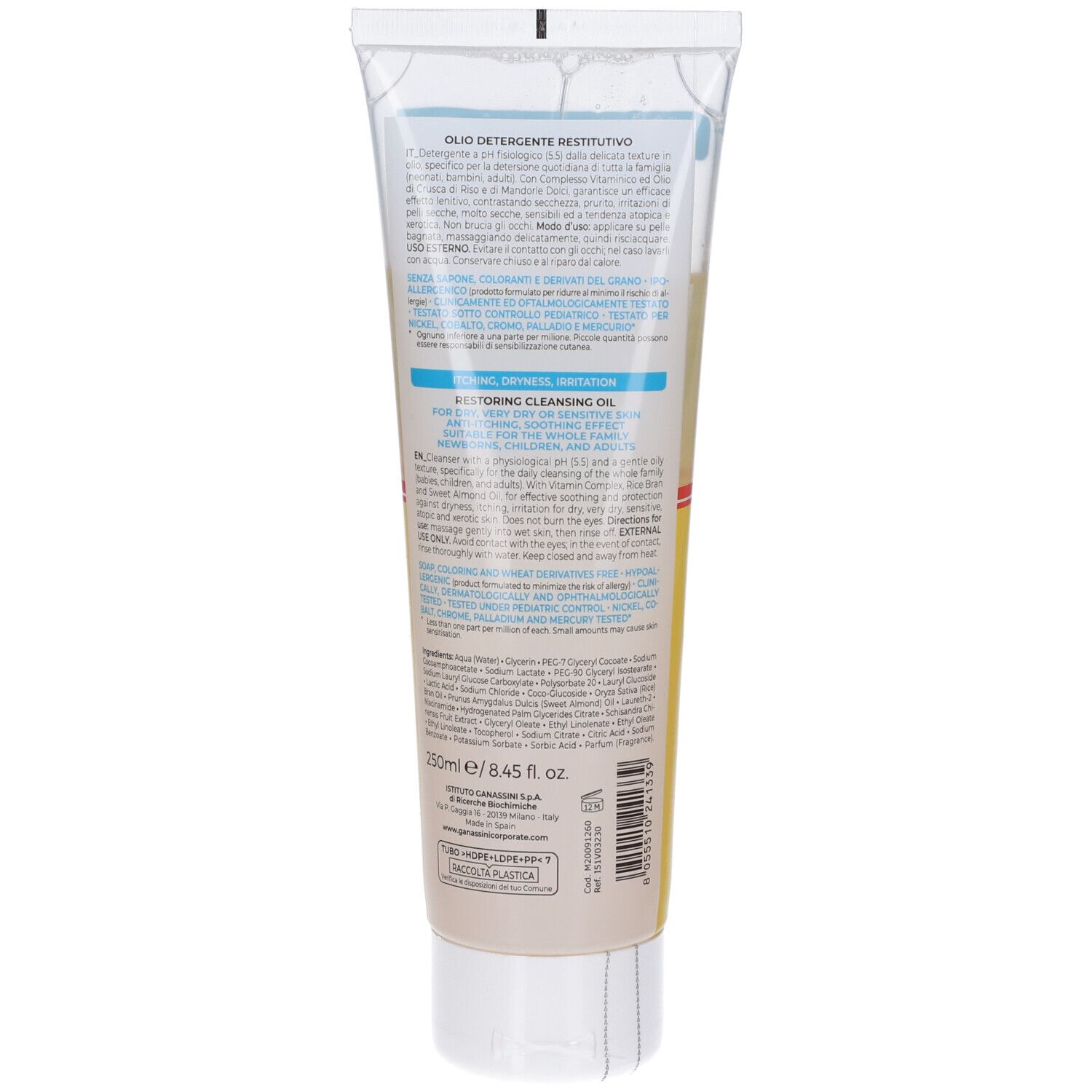 Retro del tubo. Testo multilingue. Contiene ingredienti e istruzioni. Sfondo giallo.