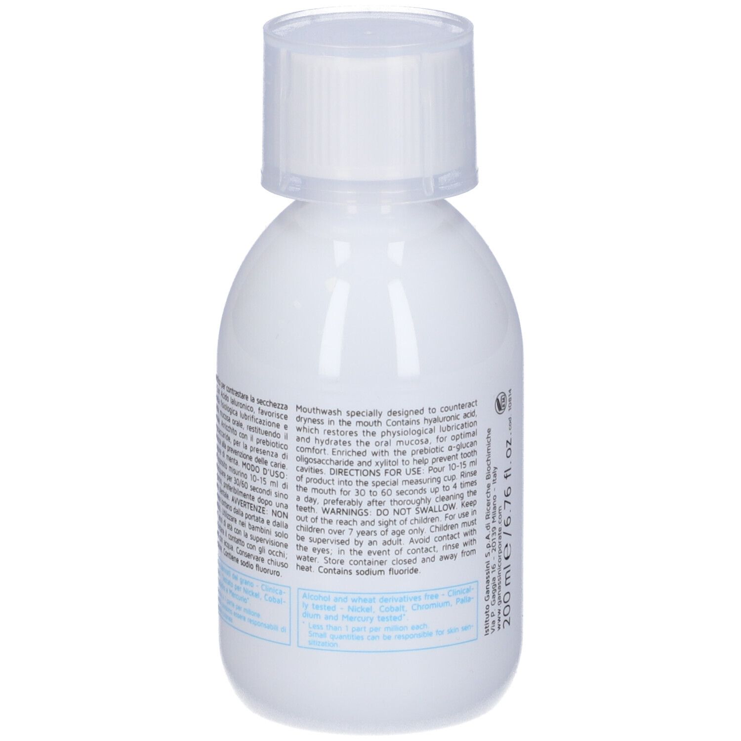 Weiße Flasche Mundwasser, 200 ml, mit Schraubverschluss. Enthält Natriumfluorid.
