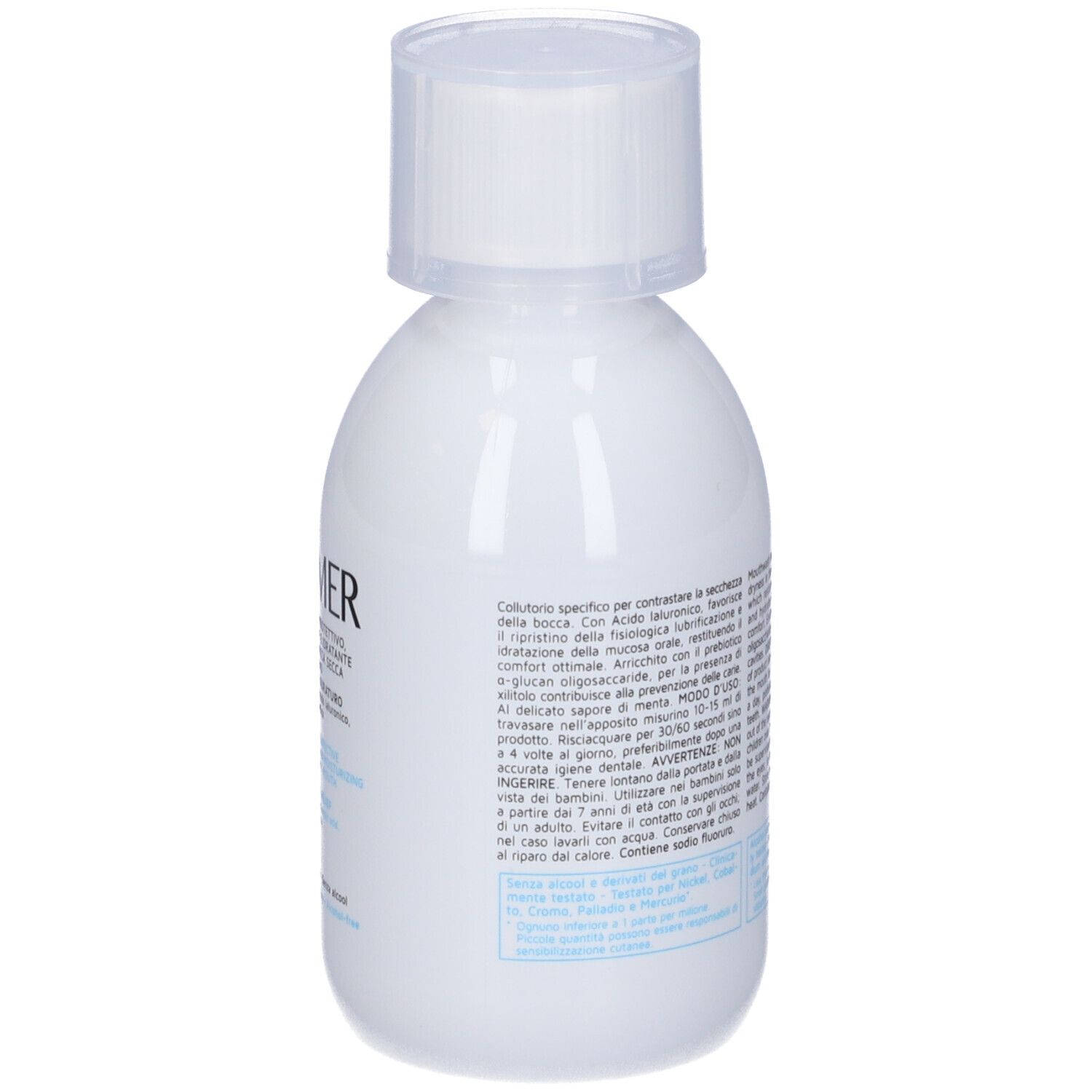 Weiße Flasche mit weißem Schraubverschluss, Etikett mit italienischer Schrift.