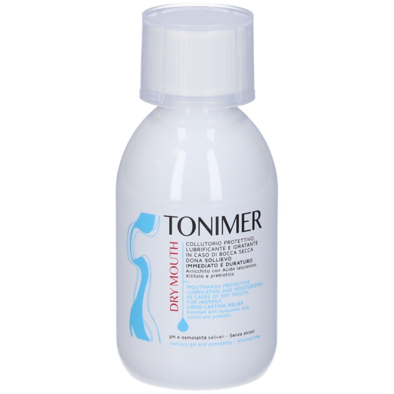 Weiße Flasche mit Tonimer Dry Mouth Mundspülung. Enthält Hyaluronsäure und Präbiotika.
