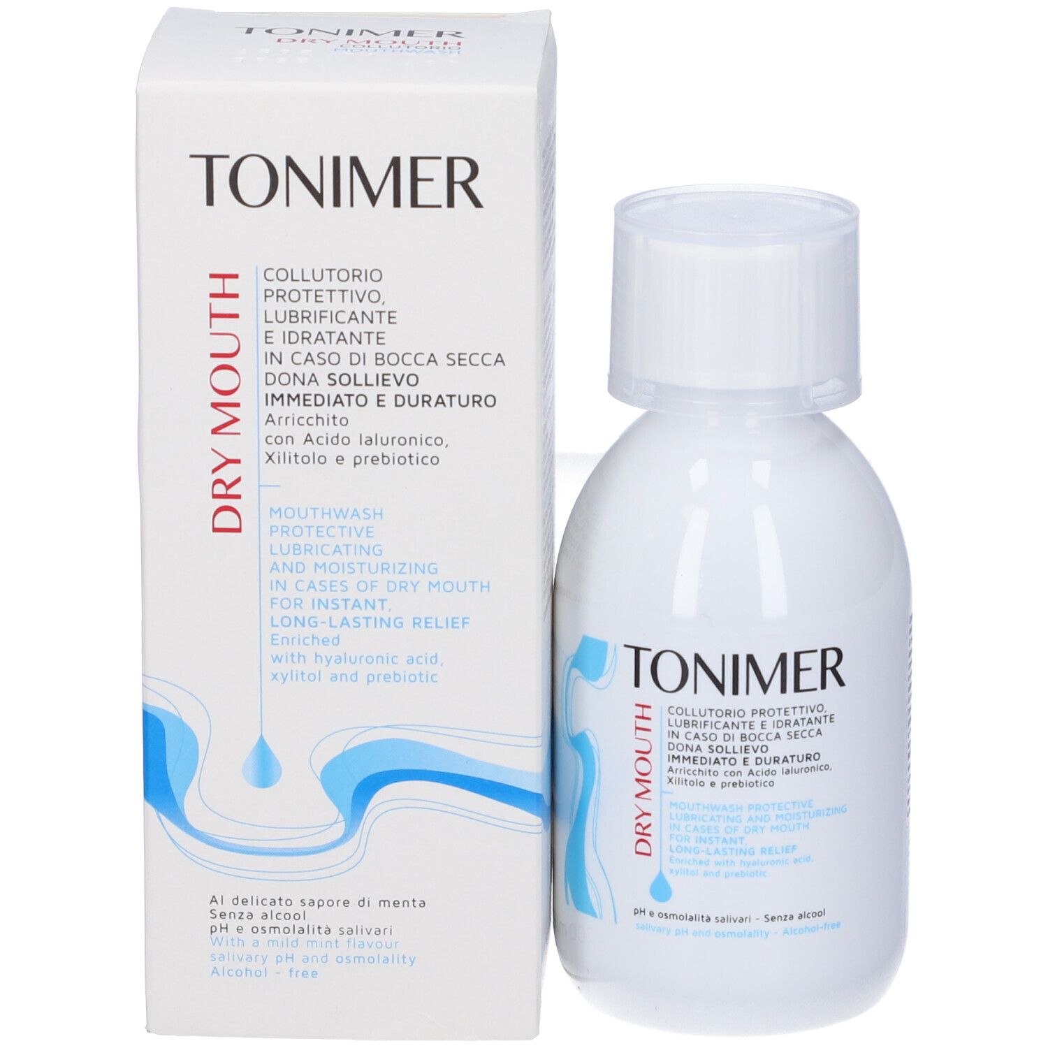 Tonimer Dry Mouth Mundspülung in weißer Flasche mit Kartonverpackung. Beschriftung auf Deutsch, Italienisch und Englisch.