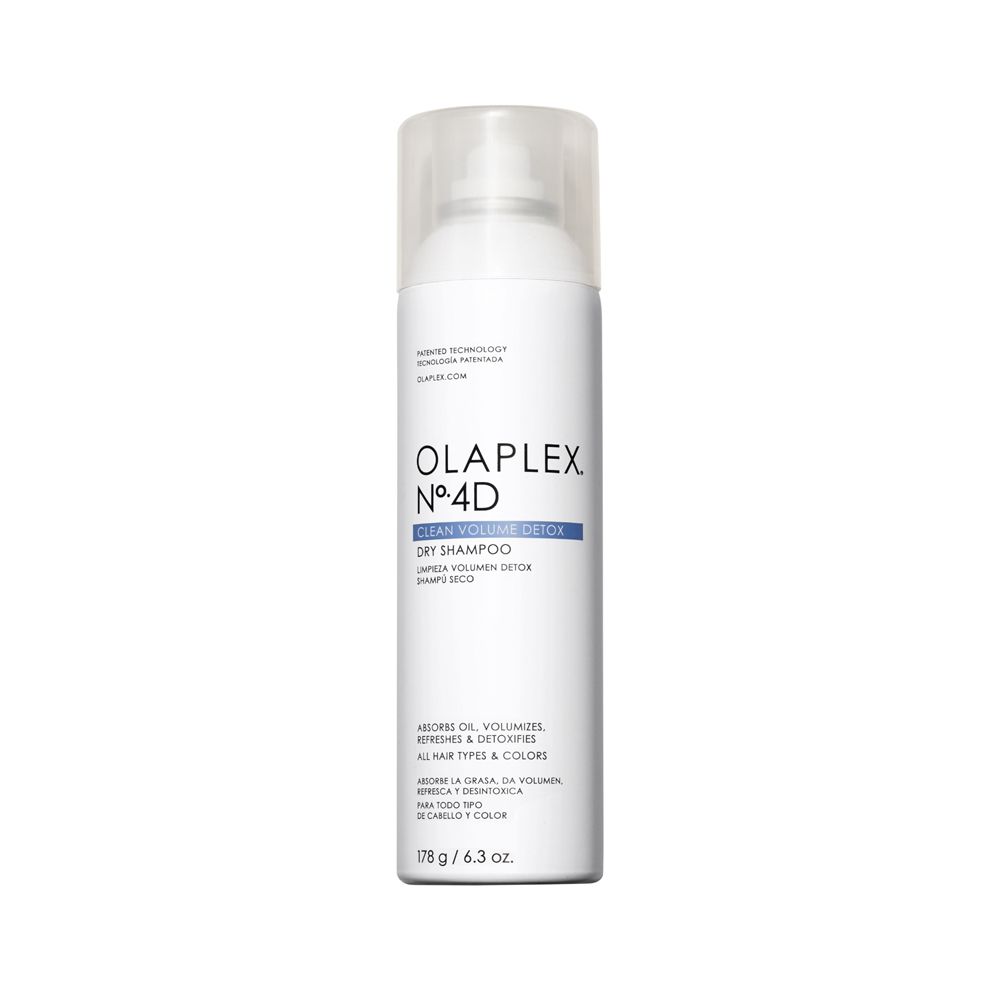 Weißes Spray mit durchsichtigem Deckel. Text: OLAPLEX Nº4D CLEAN VOLUME DETOX DRY SHAMPOO. 178 g / 6.3 oz.