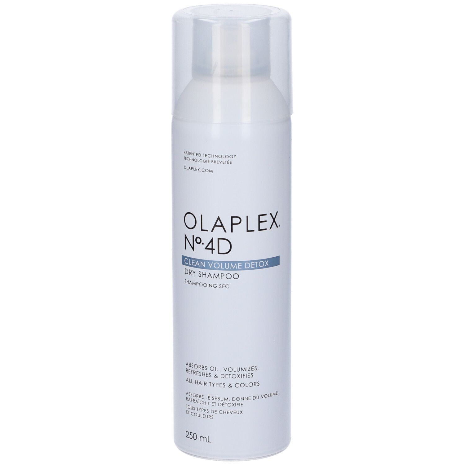 Weißes Spraydose mit transparentem Deckel. Aufschrift: OLAPLEX Nº4D CLEAN VOLUME DETOX Dry Shampoo. 250 ml.