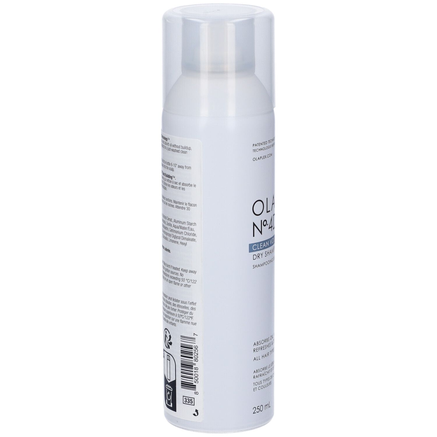 Weißes Spraydose mit transparentem Deckel. Text auf der Rückseite. OLAPLEX Nº4D CLEAN VOLUME DETOX Dry Shampoo.
