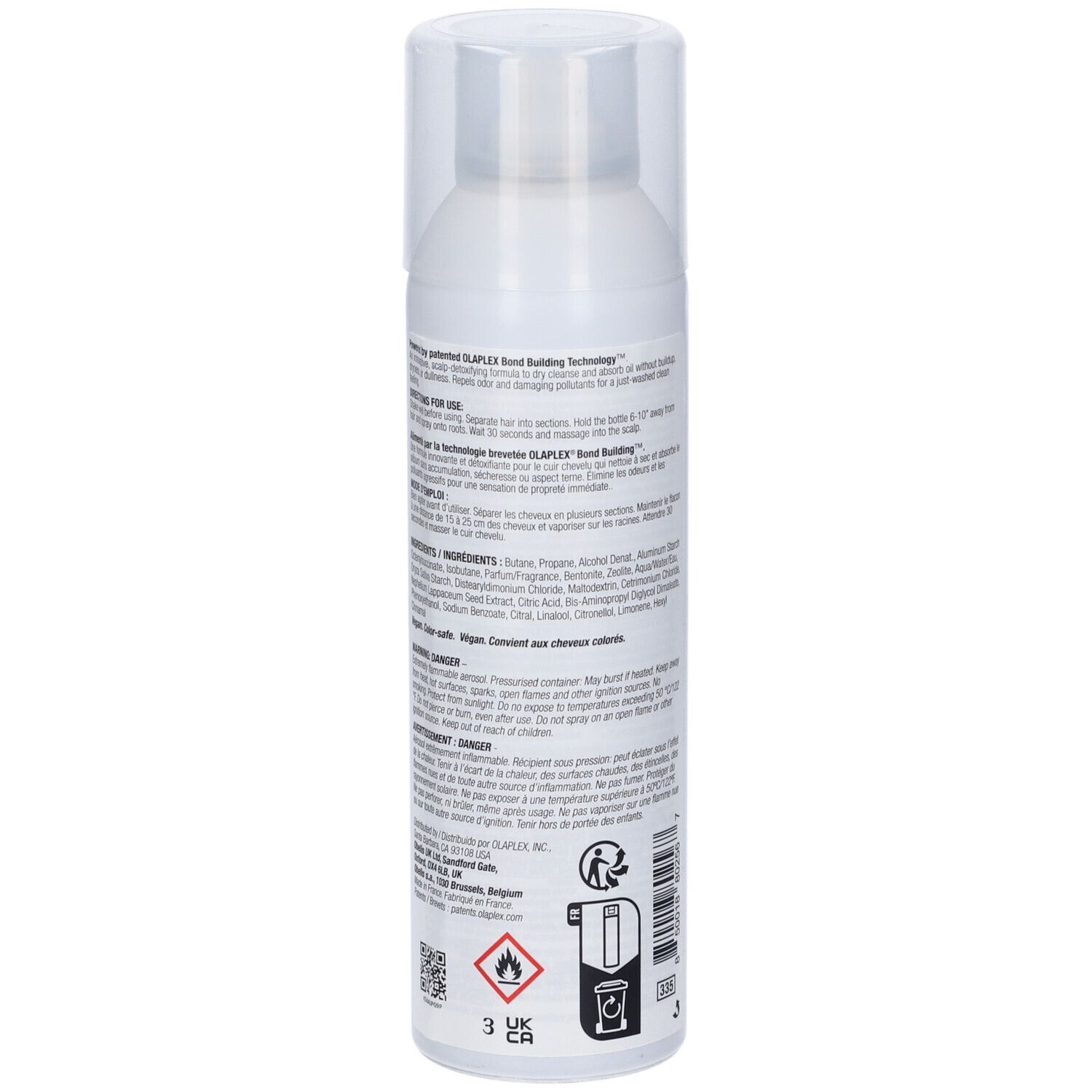 Weißes Spraydose mit transparentem Deckel. Text auf der Rückseite. OLAPLEX Nº4D CLEAN VOLUME DETOX Dry Shampoo. Inhaltsstoffe.
