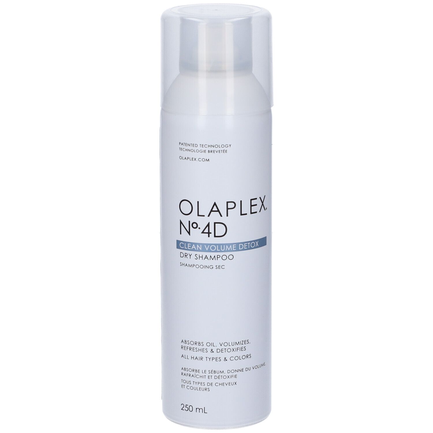 Weißes Spraydose mit transparentem Deckel. Aufschrift: OLAPLEX Nº4D CLEAN VOLUME DETOX Dry Shampoo. 250 ml.