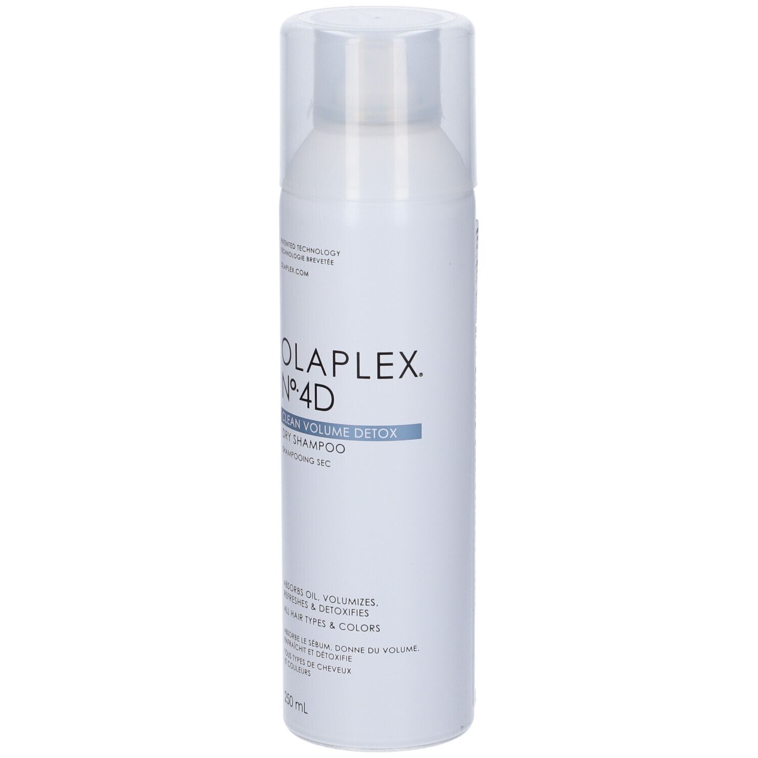 Weißes Spraydose mit transparentem Deckel. Aufschrift: OLAPLEX Nº4D CLEAN VOLUME DETOX Dry Shampoo. 250 ml.