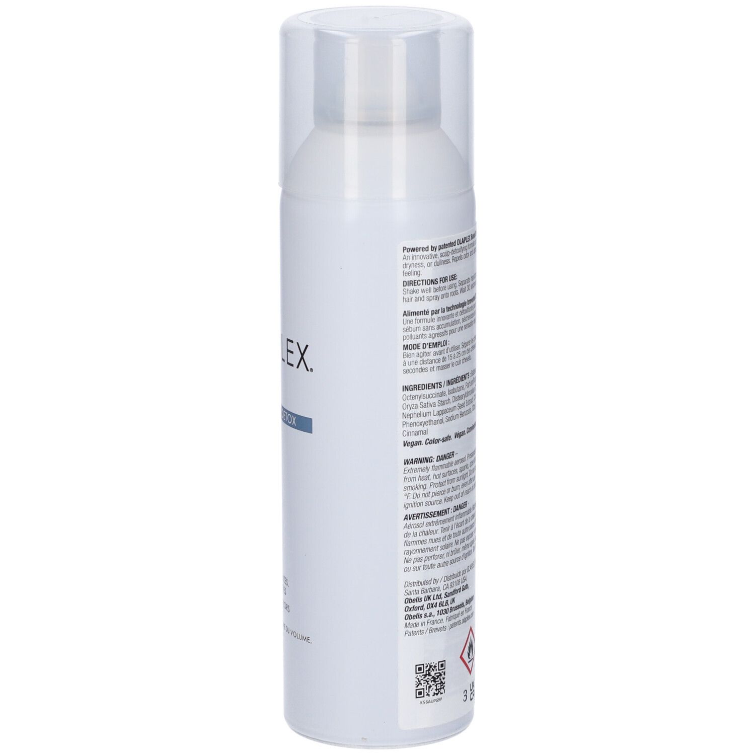 Weißes Spraydose mit transparentem Deckel. Text auf der Rückseite. OLAPLEX Nº4D CLEAN VOLUME DETOX Dry Shampoo.