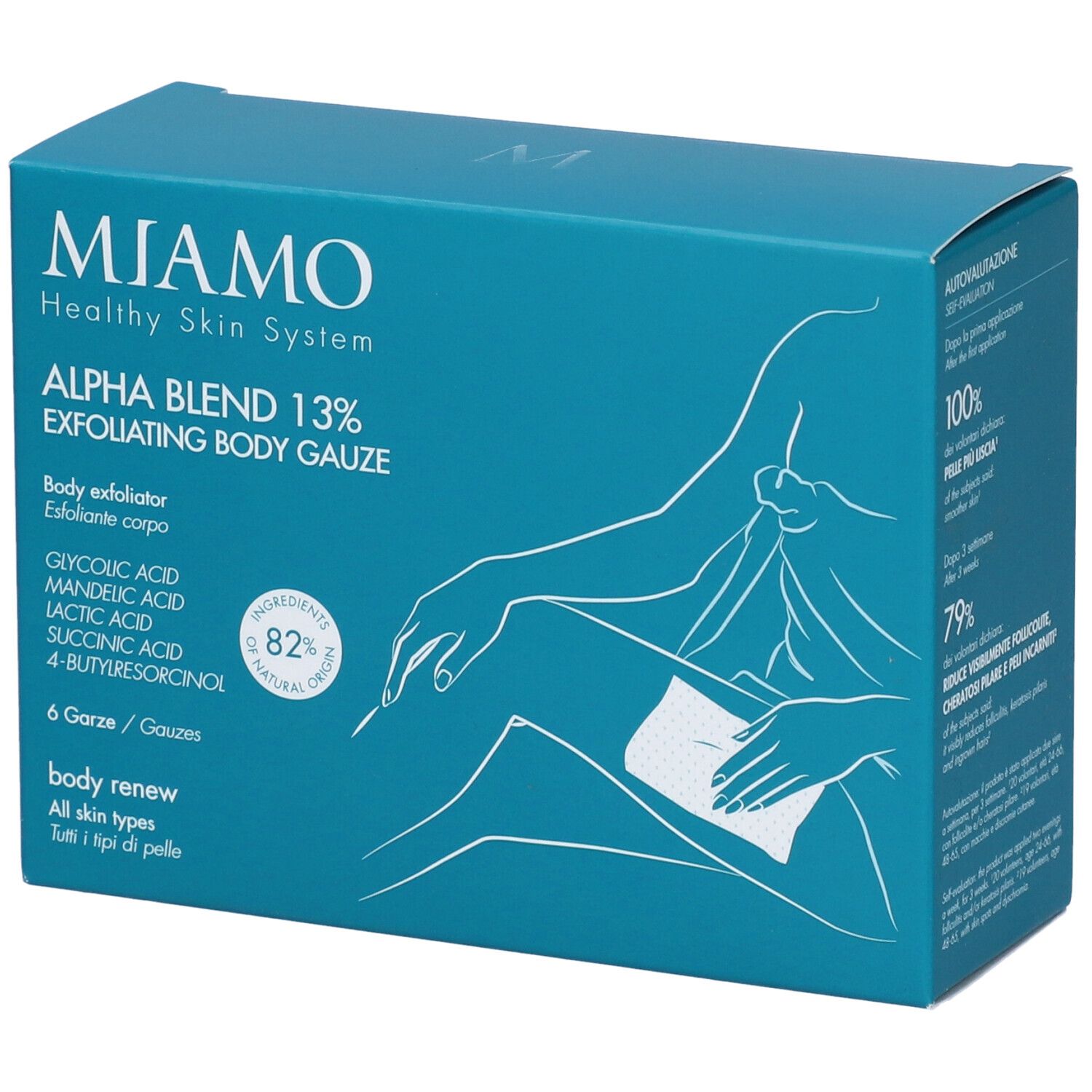 Confezione turchese. Scritta: Miamo, Alpha Blend 13% Exfoliating Body Gauze. Contiene 6 garze. Illustrazione di una donna.