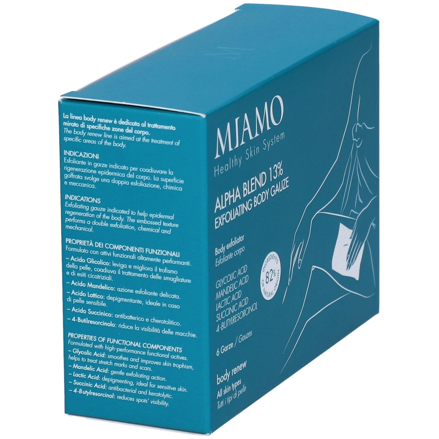 Confezione turchese. Scritta: Miamo, Alpha Blend 13% Exfoliating Body Gauze. Contiene 6 garze. Testo sugli ingredienti e l'uso.
