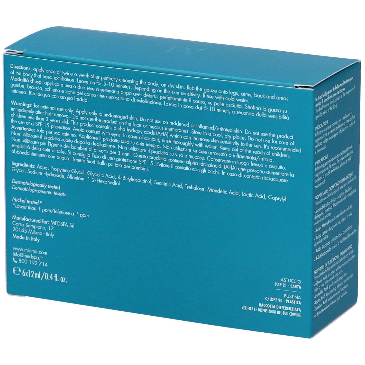 Confezione turchese. Retro con istruzioni e ingredienti. Dermatologicamente testato. Informazioni del produttore.