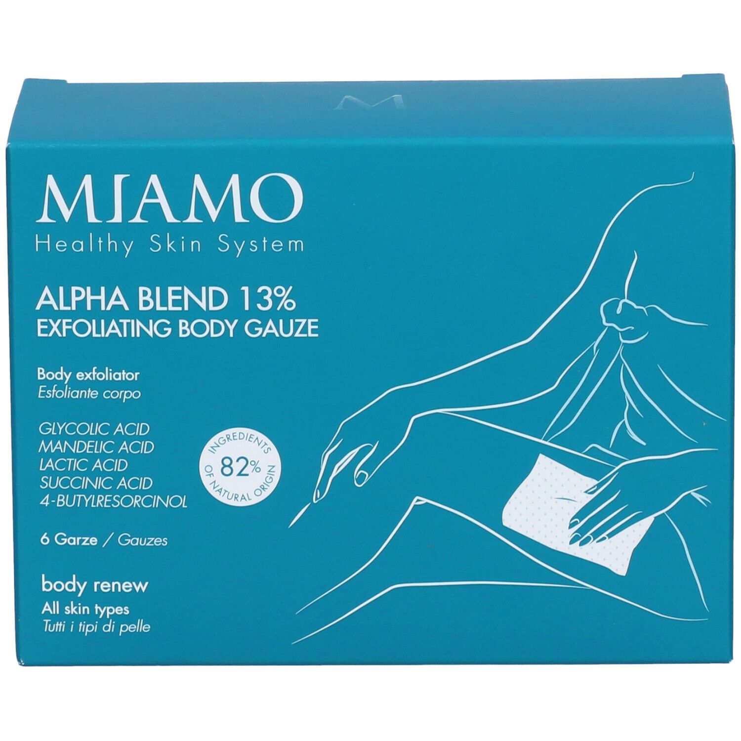 Confezione turchese. Scritta: Miamo, Alpha Blend 13% Exfoliating Body Gauze. Contiene 6 garze. Illustrazione di una donna.