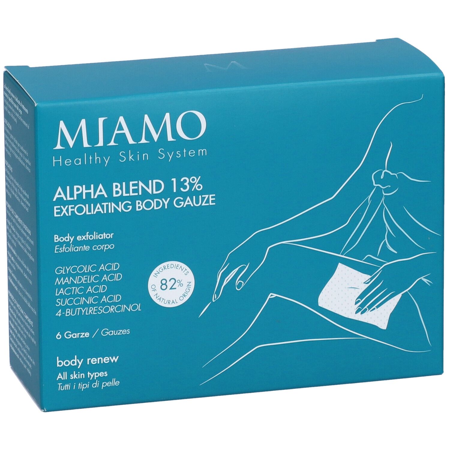 Confezione turchese. Scritta: Miamo, Alpha Blend 13% Exfoliating Body Gauze. Contiene 6 garze. Illustrazione di una donna.