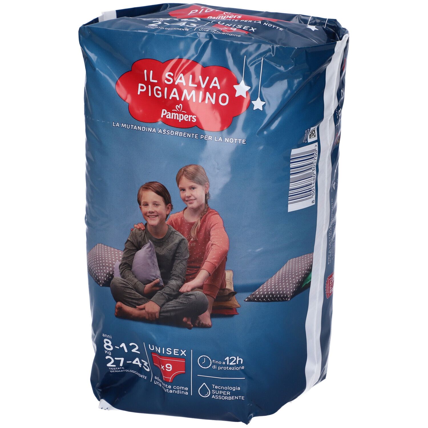 Confezione Pampers Il Salva Pigiamino. Bambini, nome prodotto, taglie, unisex, 9 pezzi, protezione 12h.