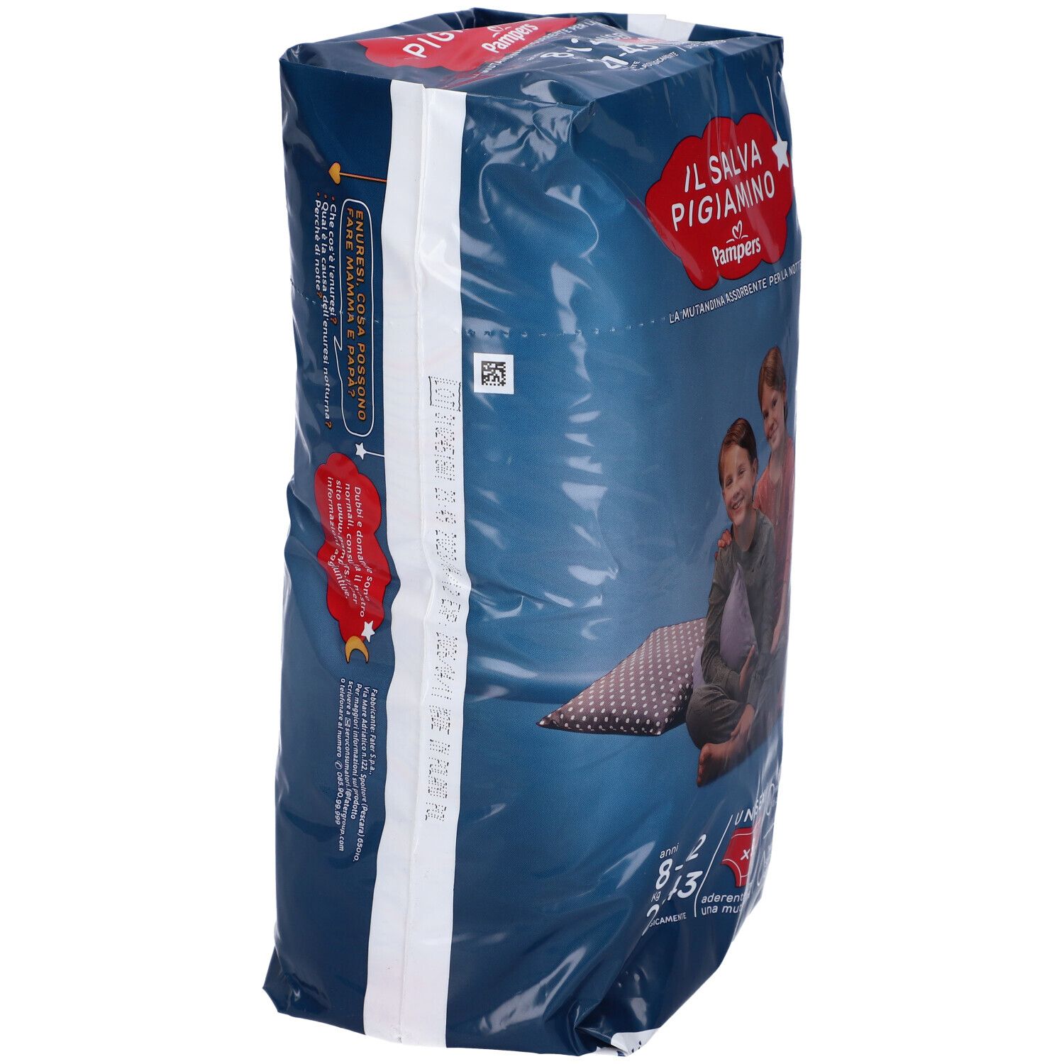 Confezione Pampers Il Salva Pigiamino, vista laterale. Nome prodotto, taglie, unisex, 9 pezzi, protezione 12h.